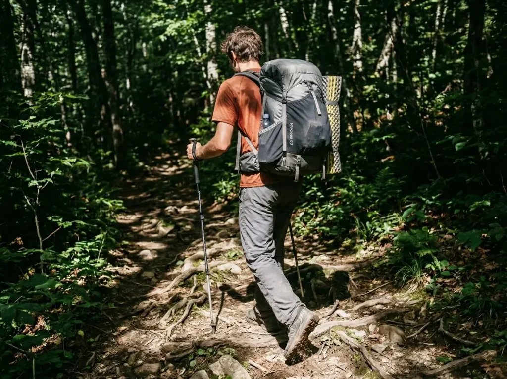 Loaded frameless backpack barreling and sagging on a hiker's back on the trail
