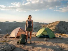 Choosing Your Tent: Freestanding vs Non-Freestanding by Terrain A female hiker stands on a mountain overlook, choosing between a freestanding and a non-freestanding tent pitched nearby.