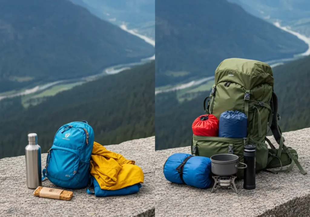 A side-by-side flat lay of day-hiking gear versus multi-day trekking equipment, illustrating the increase in gear required for self-sufficiency.