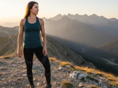 From Hiking to Trekking: A Step-by-Step Skill Guide A fit woman in hiking gear standing on a mountain summit, looking towards a distant, rugged mountain range symbolizing the transition from hiking to trekking.