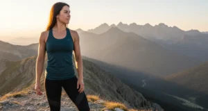 From Hiking to Trekking: A Step-by-Step Skill Guide A fit woman in hiking gear standing on a mountain summit, looking towards a distant, rugged mountain range symbolizing the transition from hiking to trekking.