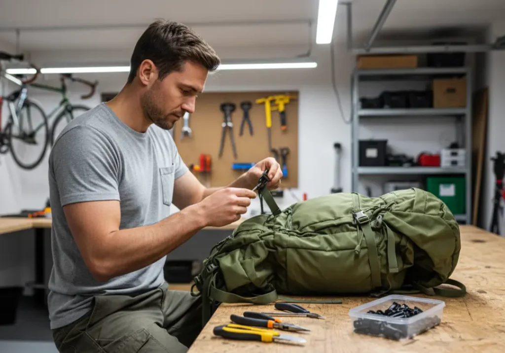 A man in his late twenties sits at a workbench in a garage, focused on repairing a broken buckle on his hiking backpack.