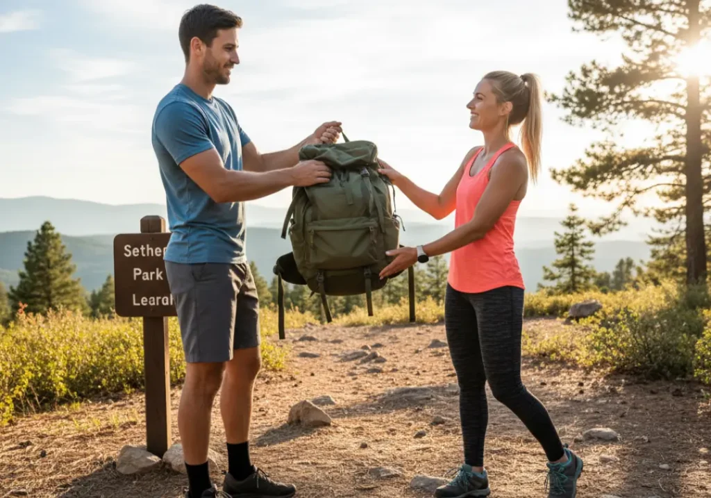 A man hands a used backpack to a woman at a trailhead, symbolizing the donation or selling of functional hiking gear.