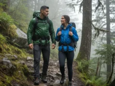 Gore-Tex vs eVent: The Hiker’s Performance Data Analysis A handsome Latino man and a beautiful brunette woman in high-tech rain jackets hike up a misty, forested mountain trail during a downpour.