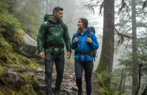 Gore-Tex vs eVent: The Hiker’s Performance Data Analysis A handsome Latino man and a beautiful brunette woman in high-tech rain jackets hike up a misty, forested mountain trail during a downpour.