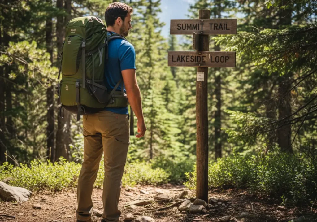 A male hiker with a framed backpack stands at a fork in the trail, looking at a sign, representing the decision-making process for choosing gear.