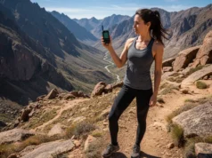 inReach vs SPOT: Field-Tested for Hiker Safety & Value A female hiker in athletic gear stands on a mountain trail, looking at a satellite messenger in her hand.