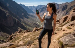inReach vs SPOT: Field-Tested for Hiker Safety & Value A female hiker in athletic gear stands on a mountain trail, looking at a satellite messenger in her hand.