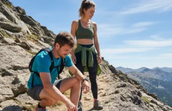 Choosing Stack Height: The Hiker’s Terrain-Specific Guide A full-body shot of a fit couple in their late 20s in hiking gear, pausing on a rocky trail to examine their shoes.