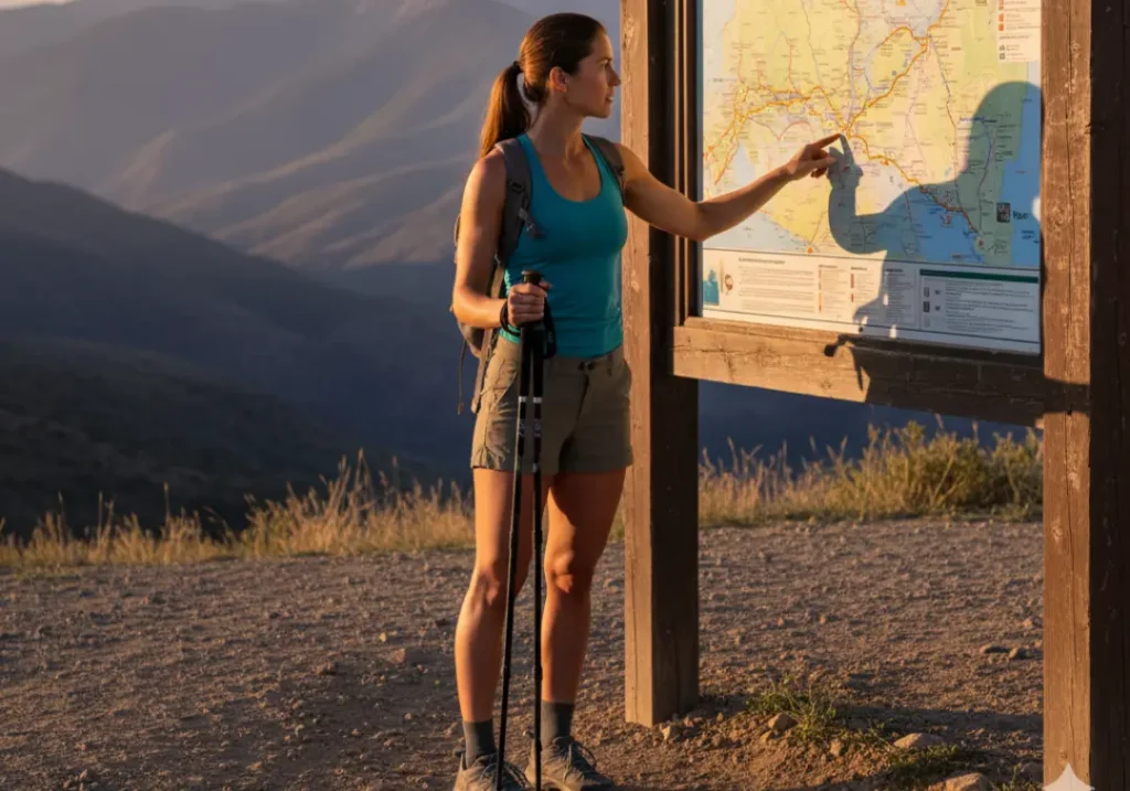 A fit woman in her late 20s in hiking gear studies a trail map at a trailhead, holding trekking poles and planning her hike.