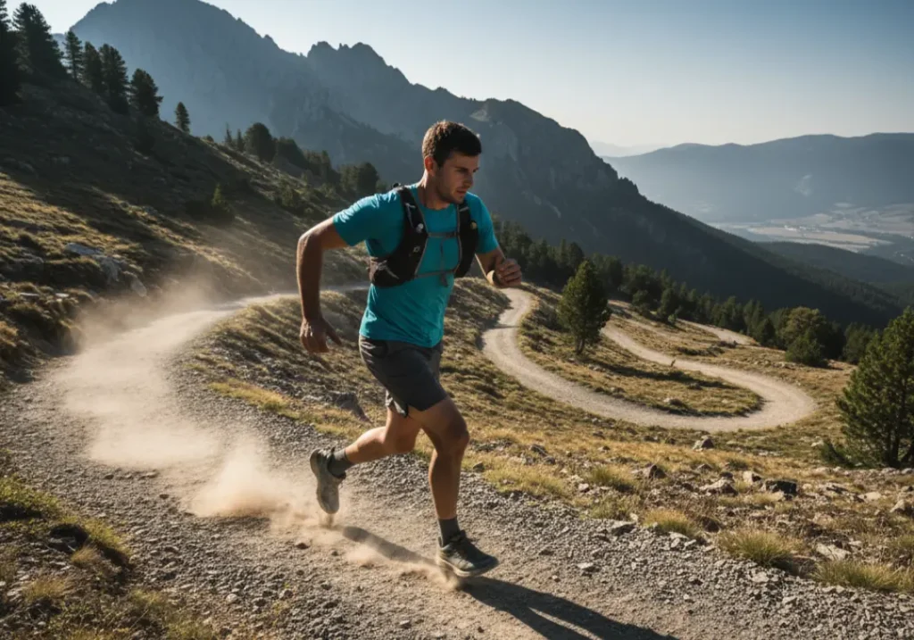 Full-body action shot of a male hiker in his late 20s carefully navigating a steep downhill trail.