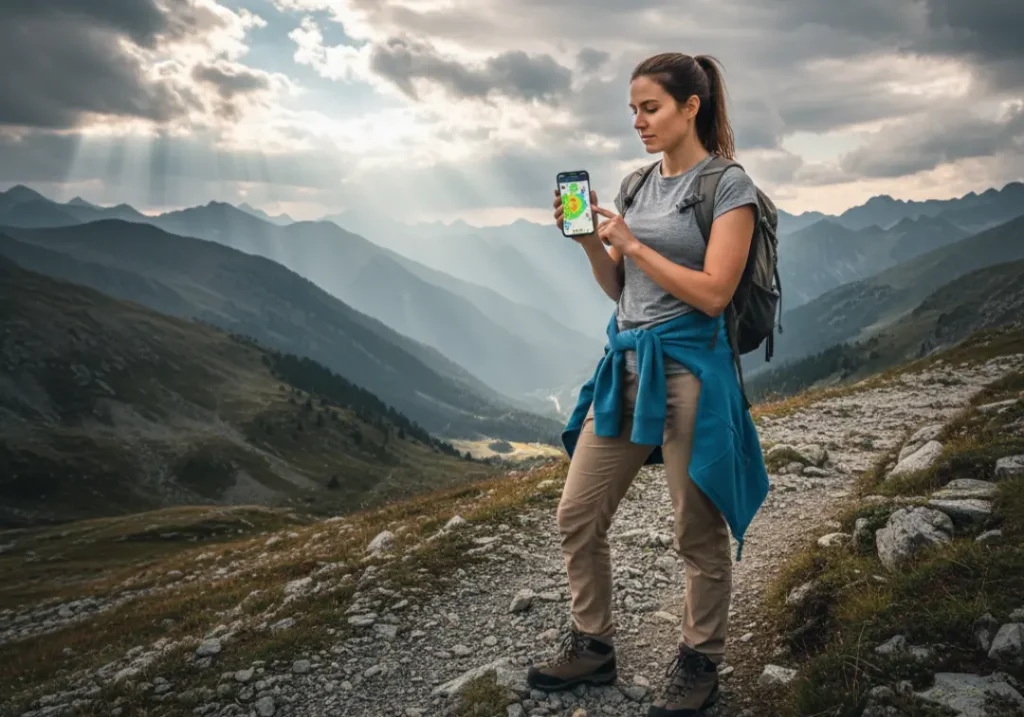 A solo female hiker checks the weather on her phone on a mountain trail to decide on her layering strategy.