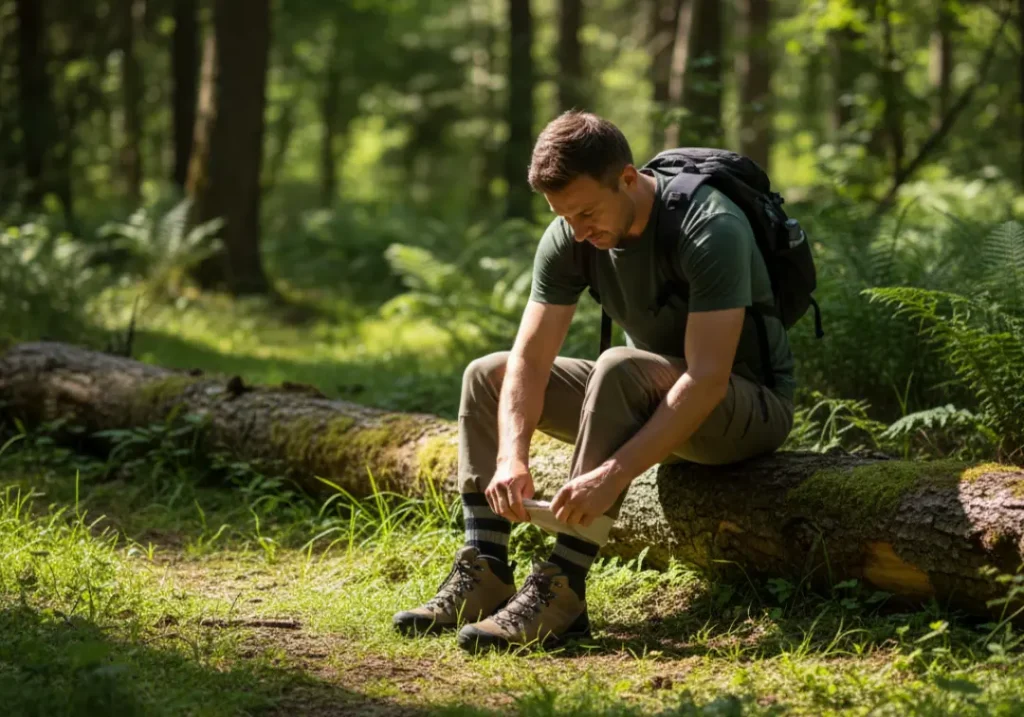 A male hiker sits on a log and tucks his hiking pants into his socks as a practical safety measure against ticks.