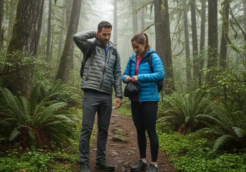 Two hikers on a misty trail, with the man wearing a synthetic jacket and the woman packing away her down jacket, comparing performance.