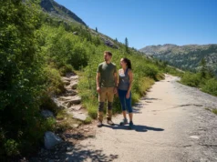 The Hiker’s Guide: Pants vs. Leggings for All Conditions A man in hiking pants and a woman in leggings stand at a trail fork, deciding whether to take the rugged path or the smooth path.