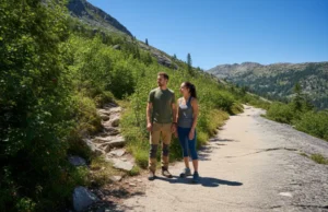 The Hiker’s Guide: Pants vs. Leggings for All Conditions A man in hiking pants and a woman in leggings stand at a trail fork, deciding whether to take the rugged path or the smooth path.