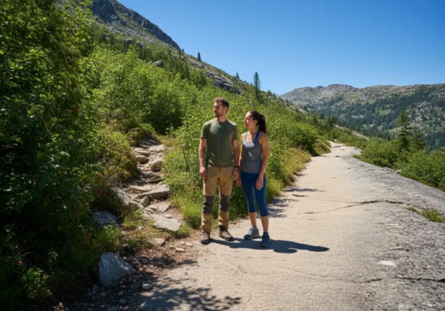 hikers-choosing-pants-vs-leggings A man in hiking pants and a woman in leggings stand at a trail fork, deciding whether to take the rugged path or the smooth path.