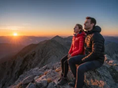 Down vs. Synthetic Insulation: A Performance Matrix for Hikers A man in a synthetic jacket and a woman in a down jacket stand on a mountain ridge at sunset, illustrating the choice between insulation types.