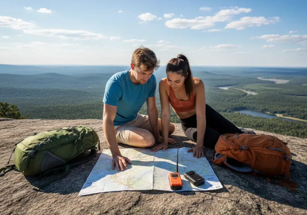 A couple in hiking gear compares two satellite messengers laid out on a trail map during a break on a scenic overlook.