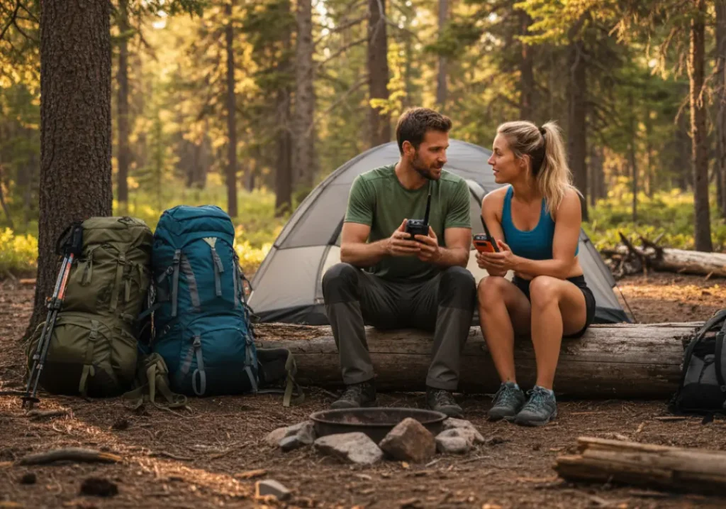 A man and woman in hiking clothes sit at a campsite, each holding and comparing a different satellite messenger.