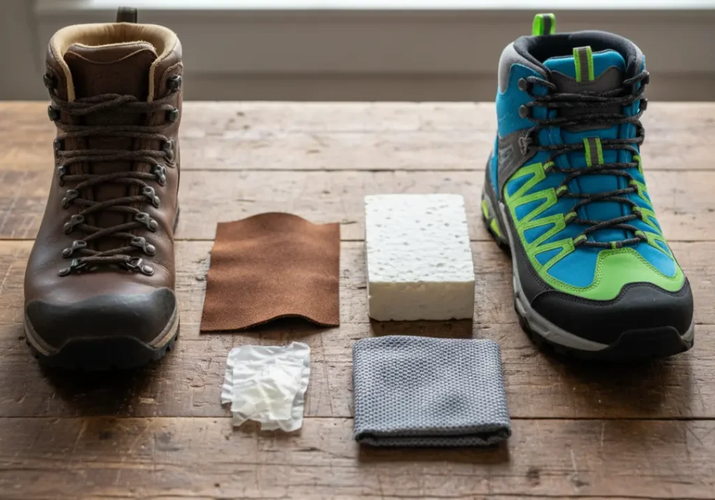 A top-down view of a leather boot and a synthetic boot on a workbench with samples of their construction materials between them.
