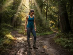 The True Cost of Hiking Boots: Leather vs Synthetic Data A woman in athletic hiking gear stands at a fork in a forest trail, looking down at her boots.