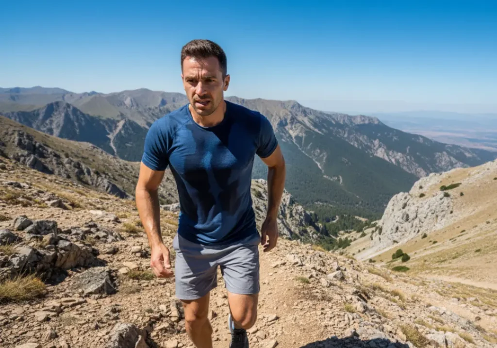A fit male hiker sweats as he climbs a steep, sunny, and rocky trail, showing the physical challenge of hiking.