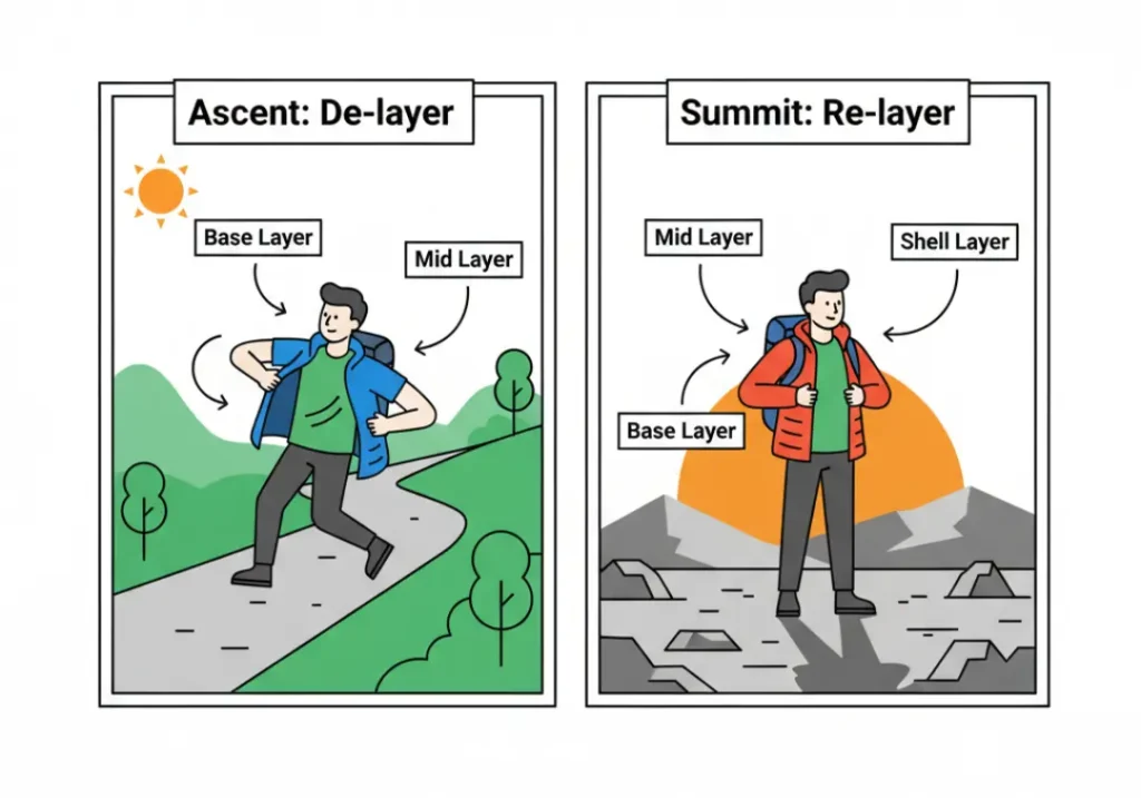 A two-panel diagram illustrating the dynamic layering system for hiking. The left panel shows a hiker de-layering during an ascent, and the right panel shows the same hiker re-layering at the summit, with callouts for base, mid, and shell layers.