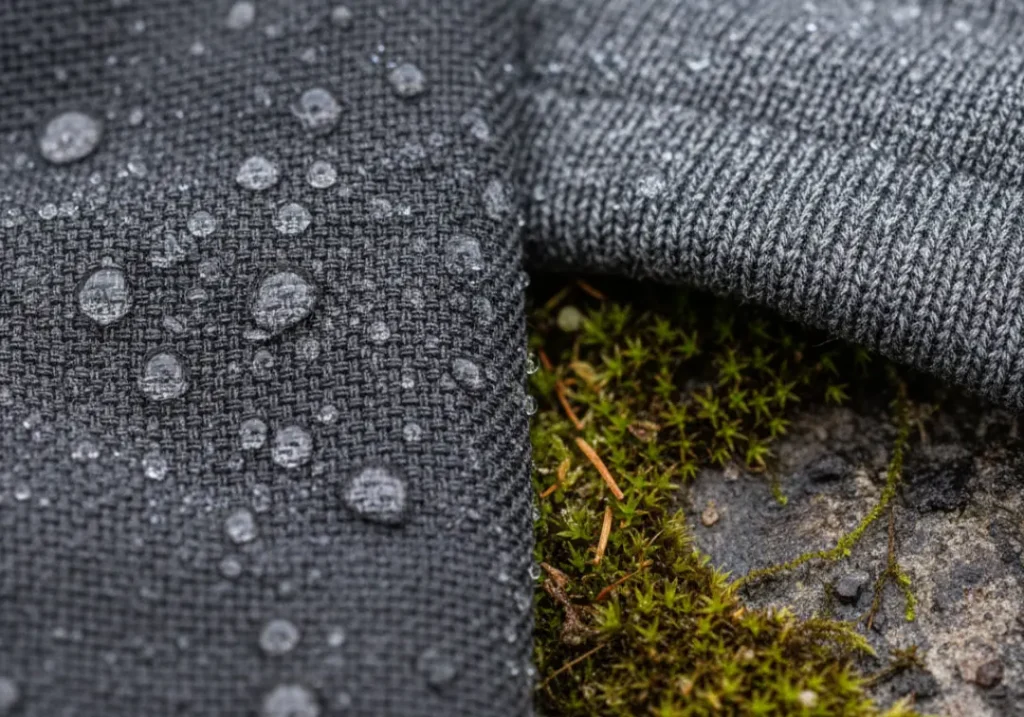 A close-up shot comparing the texture of a water-resistant woven hiking pant fabric with the knit fabric of a hiking legging.