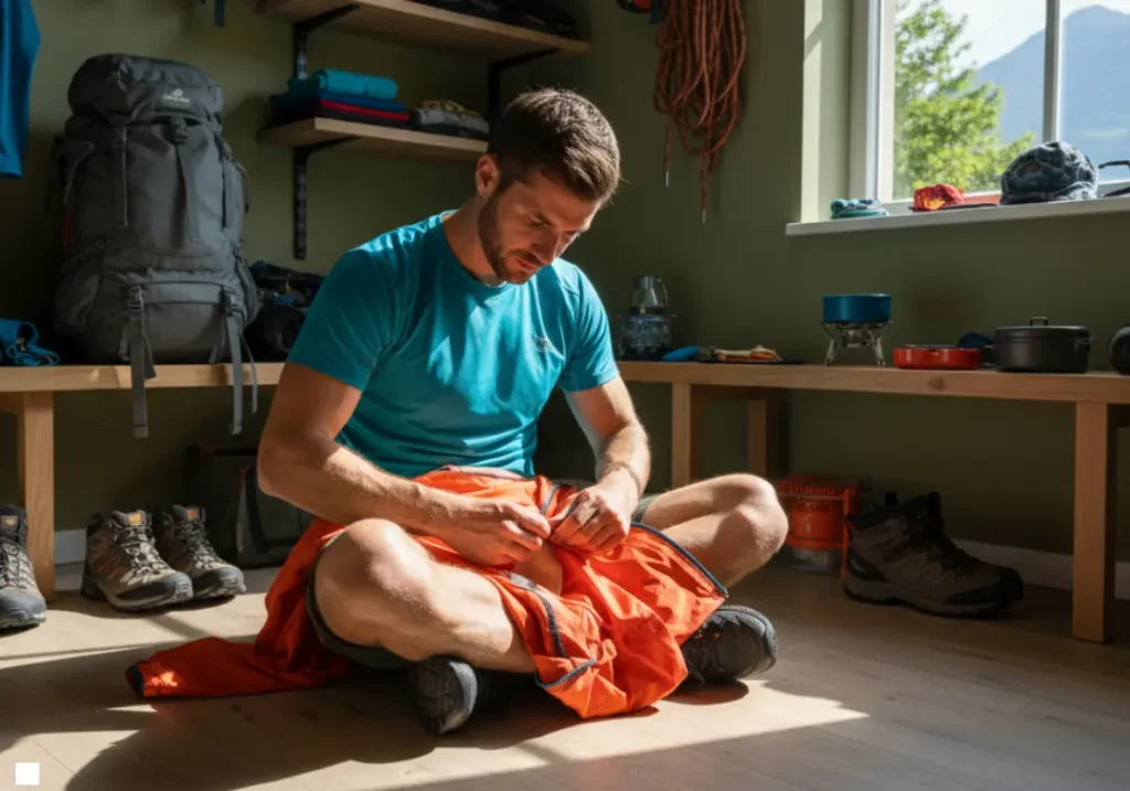 A man in his late twenties sits on a wooden floor carefully repairing his hiking jacket, surrounded by other outdoor gear.