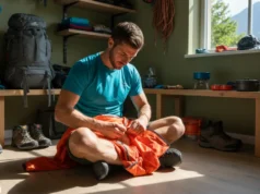Recycle, Donate, Repair: Your Hiking Gear Lifecycle Guide A man in his late twenties sits on a wooden floor carefully repairing his hiking jacket, surrounded by other outdoor gear.