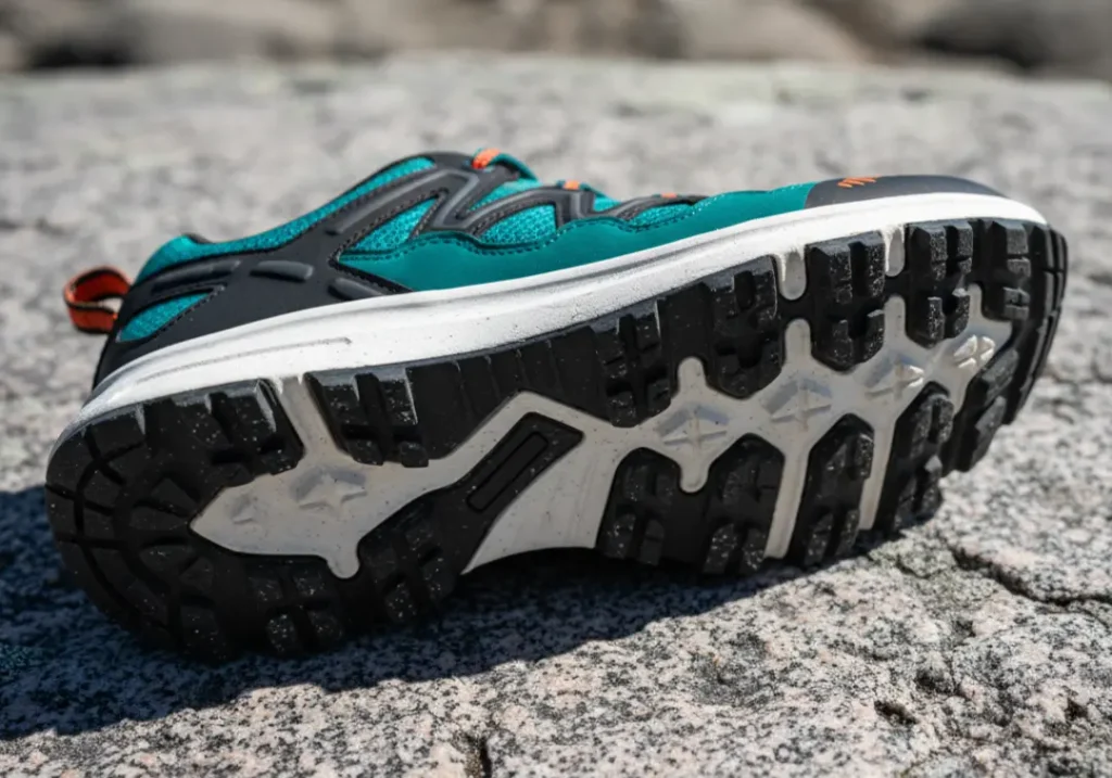 A close-up of a modern hiking shoe on a rock, clearly showing the different materials of the rugged outsole, cushioned midsole, and durable upper.