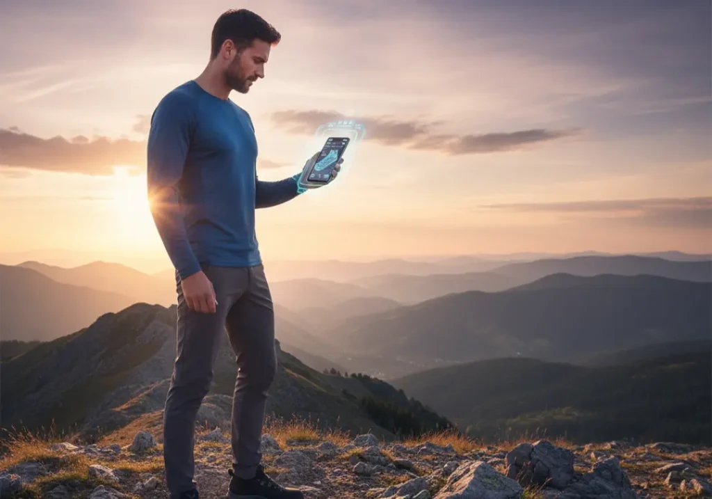 A fit male hiker in his late 20s checks performance data on his smartphone, which is wirelessly connected to his futuristic smart hiking shoes on a mountain peak.