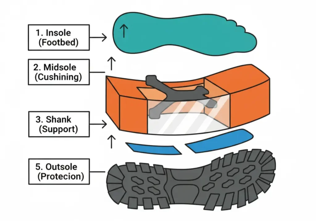 An exploded-view diagram showing the anatomy of a hiking shoe sole. It illustrates the five layers: insole, midsole with an embedded shank and plate, and the lugged outsole.