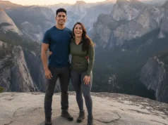 History of Hiking: From Muir to Modern Trail Skills A handsome, athletic couple in modern hiking gear laughs together on a mountain summit overlooking a vast, historic valley.