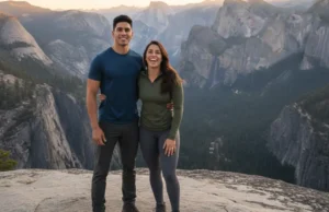 History of Hiking: From Muir to Modern Trail Skills A handsome, athletic couple in modern hiking gear laughs together on a mountain summit overlooking a vast, historic valley.