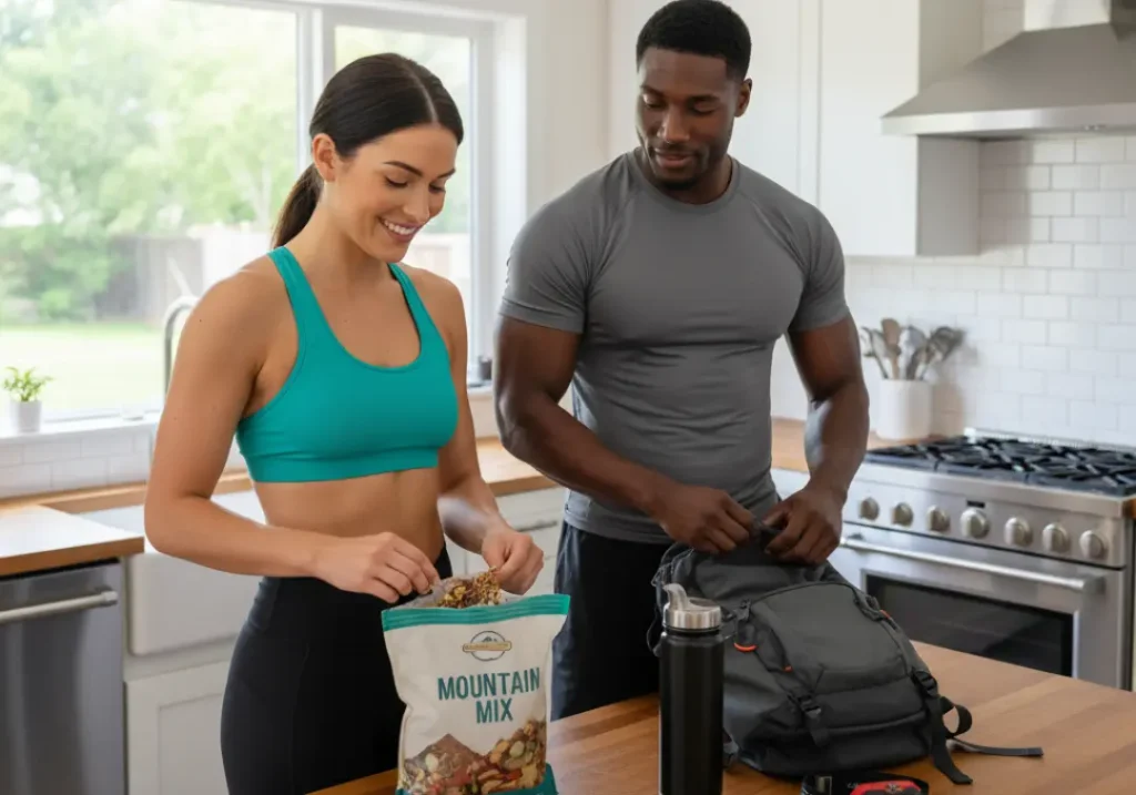 An attractive couple in athletic wear prepares for their hike by repackaging snacks into reusable containers in their kitchen.