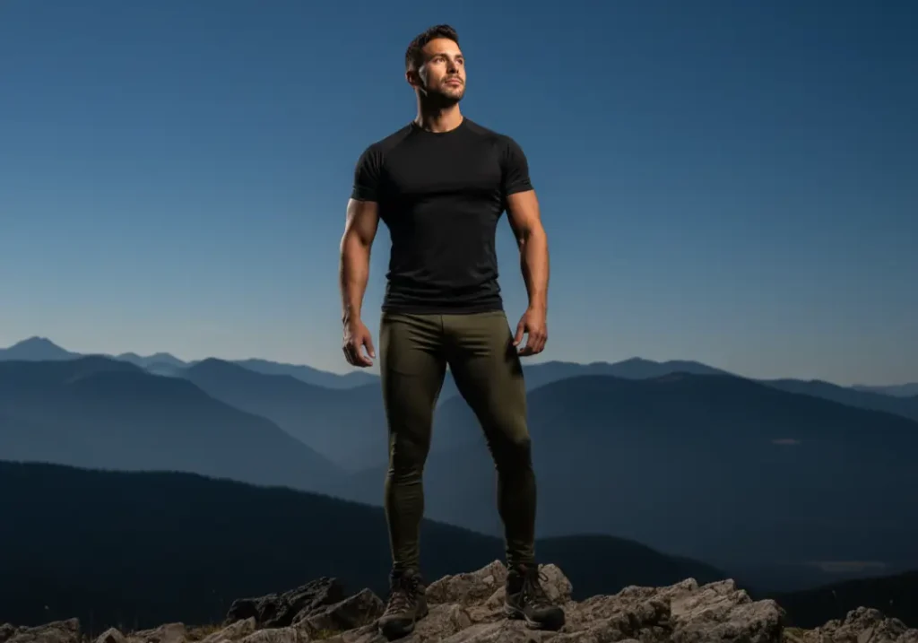 A handsome, athletic man standing on a mountain at dusk, looking up at the stars to use them as a celestial compass for navigation.