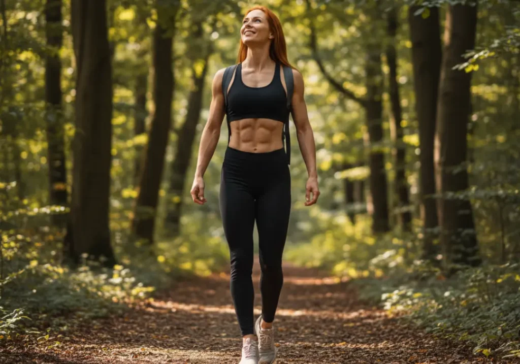 A beautiful athletic woman with red hair smiles joyfully while hiking on a scenic forest path, embodying recreational walking.