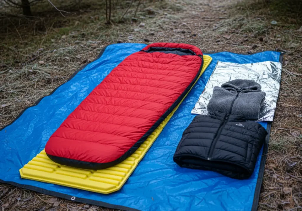 The layers of a hypothermia wrap, or hypo-burrito, laid out on the ground, including a tarp, sleeping pad, and open sleeping bag.