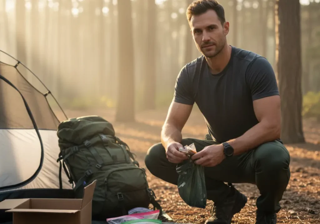 A handsome male hiker practices Leave No Trace by carefully sorting and packing out the minimal waste from his resupply at his campsite.
