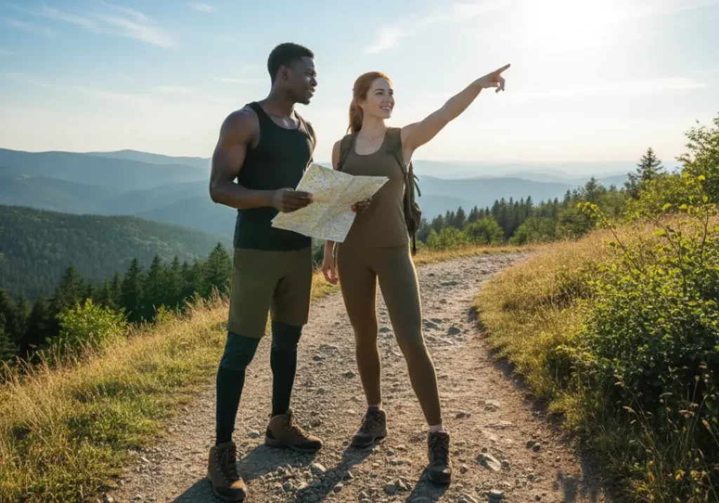 An attractive, athletic couple integrates modern and natural navigation, with the man holding a map and compass while the woman points to the sun.