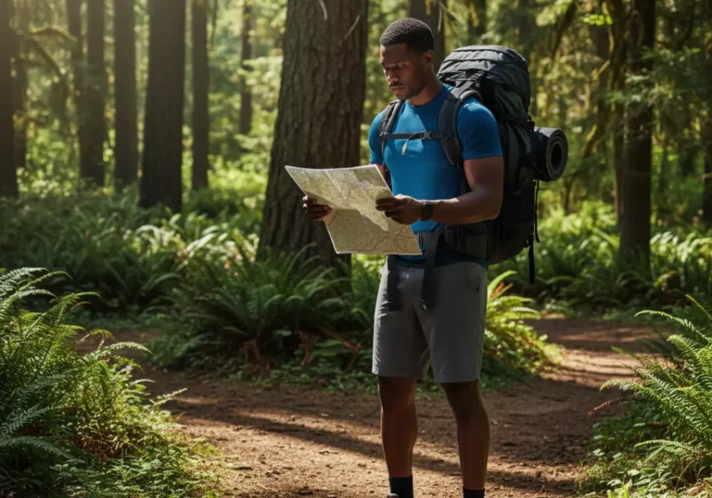 A fit Black man with a backpack practices using a map and compass at a trail junction during a training hike.