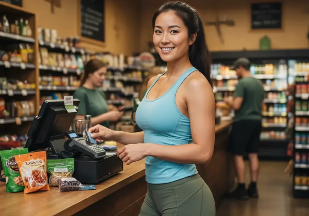 A beautiful female hiker confidently pays for her supplies at a grocery store, demonstrating good budget management.