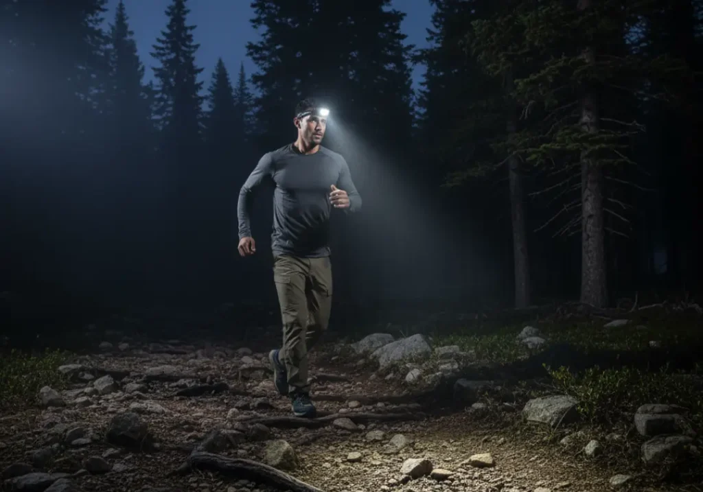 A handsome Latino hiker confidently navigates a dark, rocky trail at night, his path lit by a bright headlamp.