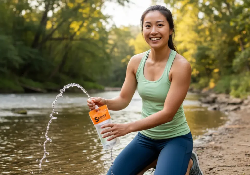 A skilled Asian female hiker demonstrating the correct technique for backflushing a Sawyer Squeeze filter by a river.