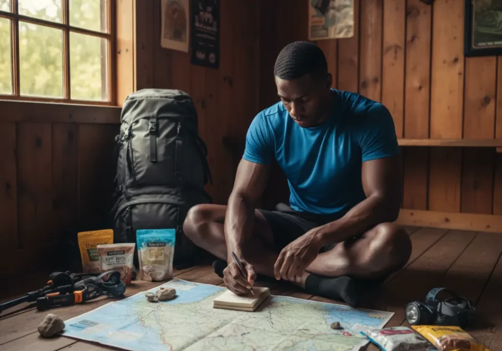 A handsome hiker sits on a cabin floor, focused on planning his route with a large map and a notebook.