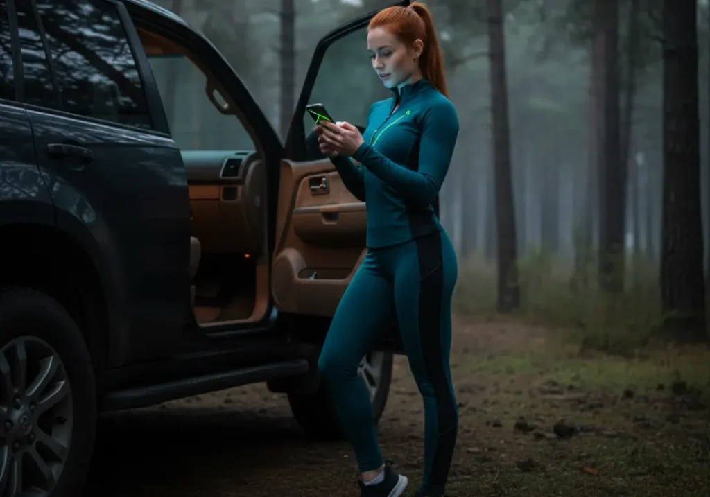 A beautiful redhead hiker in athletic gear checks a GPS map on her smartphone at a trailhead before starting her sunrise hike.