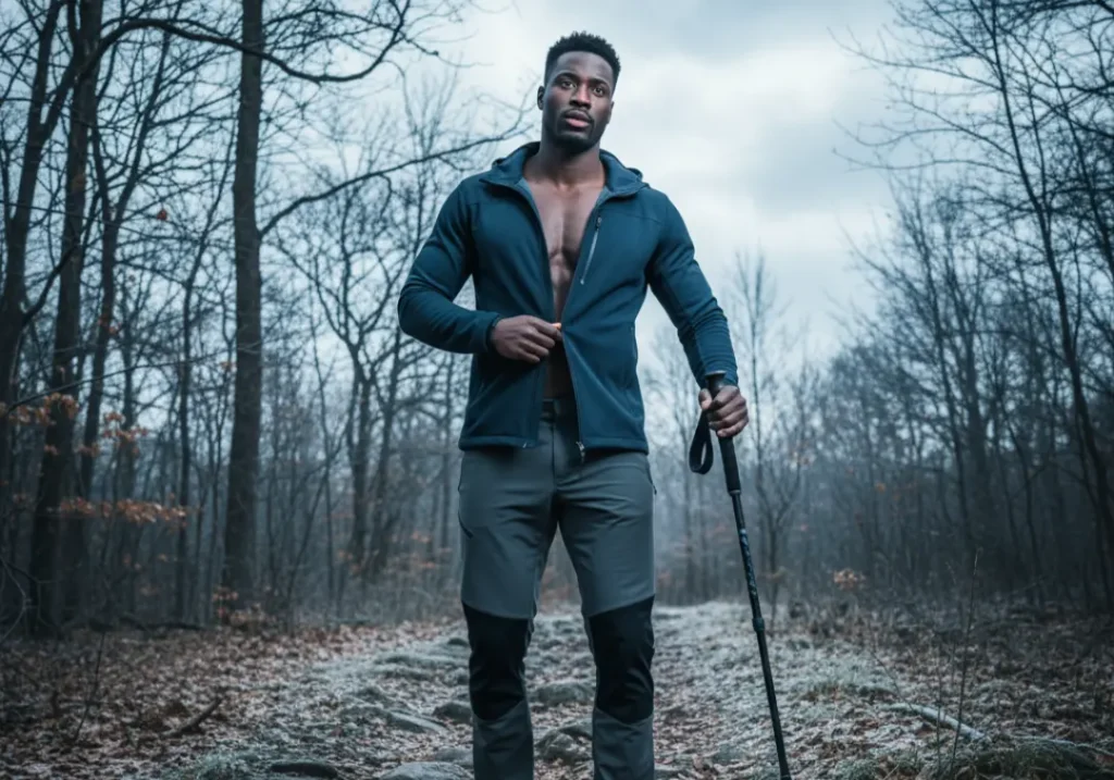 A handsome male hiker fumbling with his jacket zipper and stumbling on the trail, showing the early signs of hypothermia.