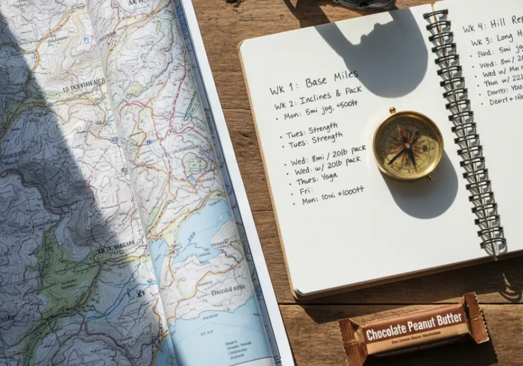 A flat lay of hiking training plan tools, including a map, a compass, a GPS watch, and a workout journal on a wooden desk.
